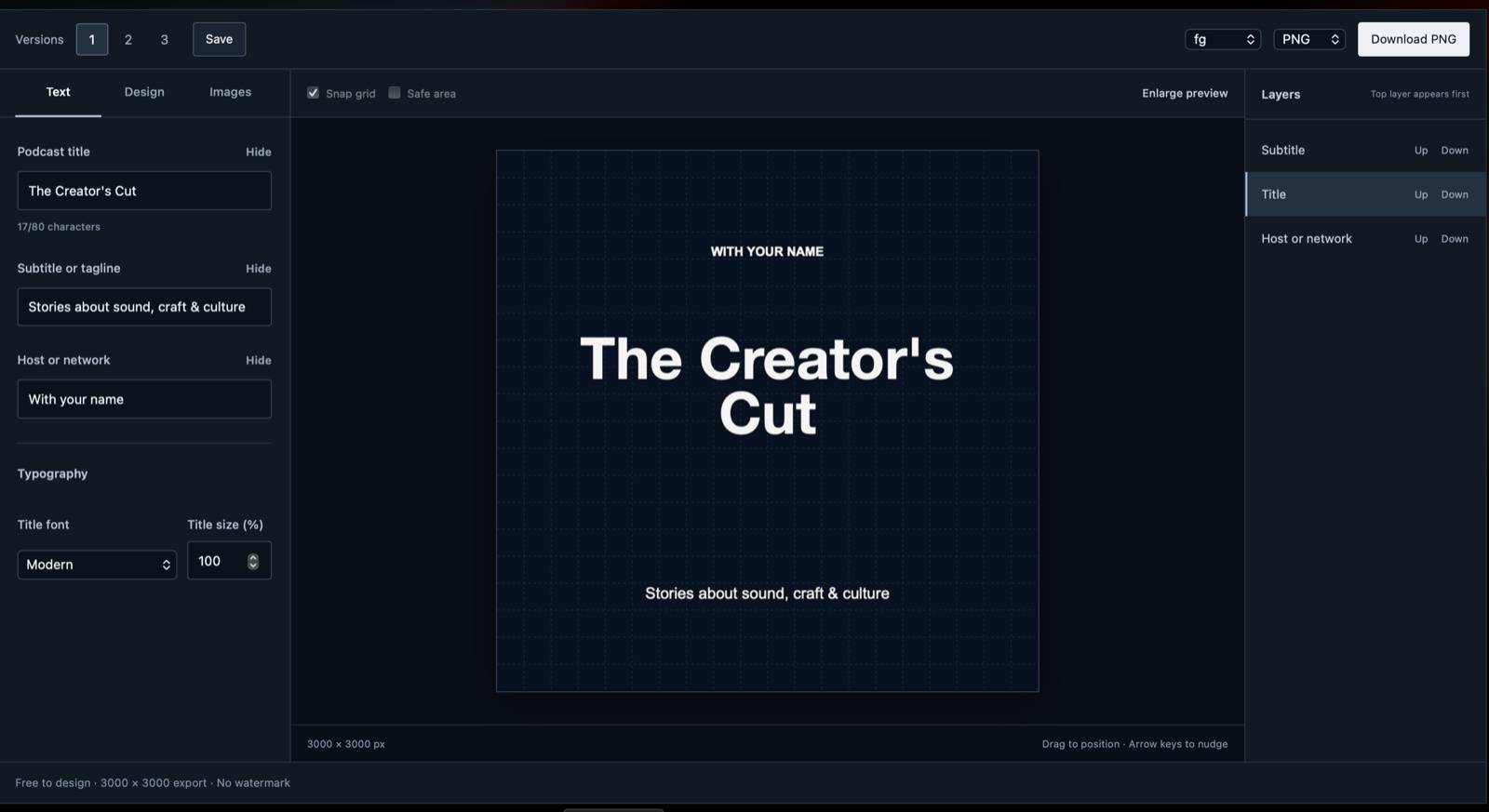 StudioEditor Podcast Artwork Editor with Text, Design and Images tabs, a square cover canvas, layer controls and three design versions