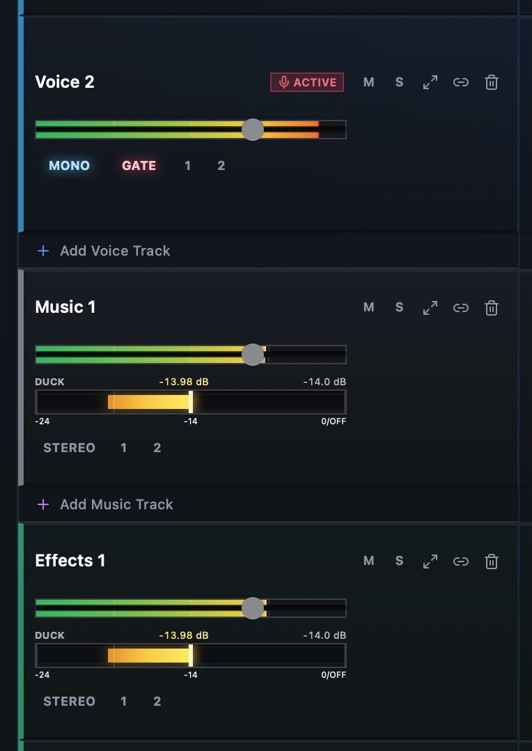 StudioEditor Pro Mode track controls showing AutoDuck level settings for music and sound effects beneath an active voice track
