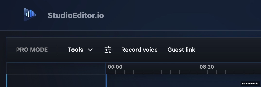 StudioEditor editor header with Record voice and Guest link controls above the multitrack timeline