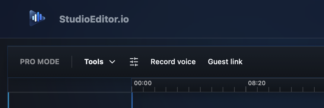 StudioEditor editor header with Record voice and Guest link controls above the multitrack timeline