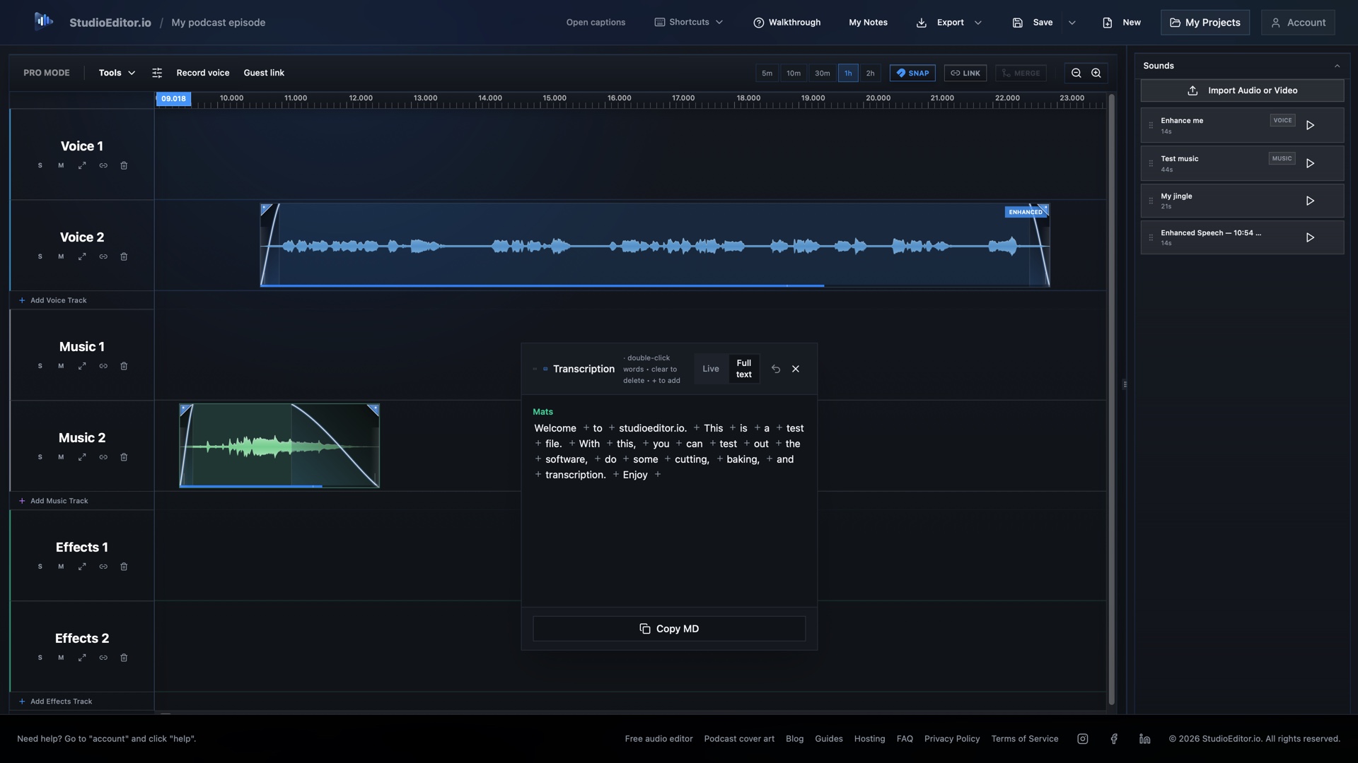 StudioEditor multitrack audio timeline with voice, music and effects tracks, waveform clips and a transcription panel