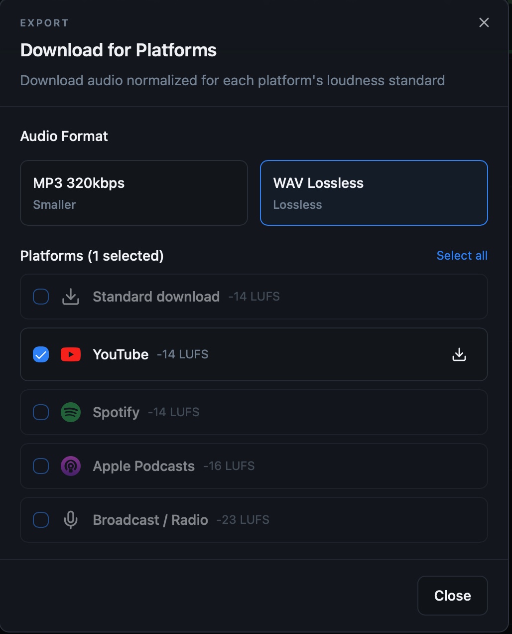StudioEditor export dialog with MP3 and WAV formats plus loudness targets for YouTube, Spotify, Apple Podcasts and broadcast radio