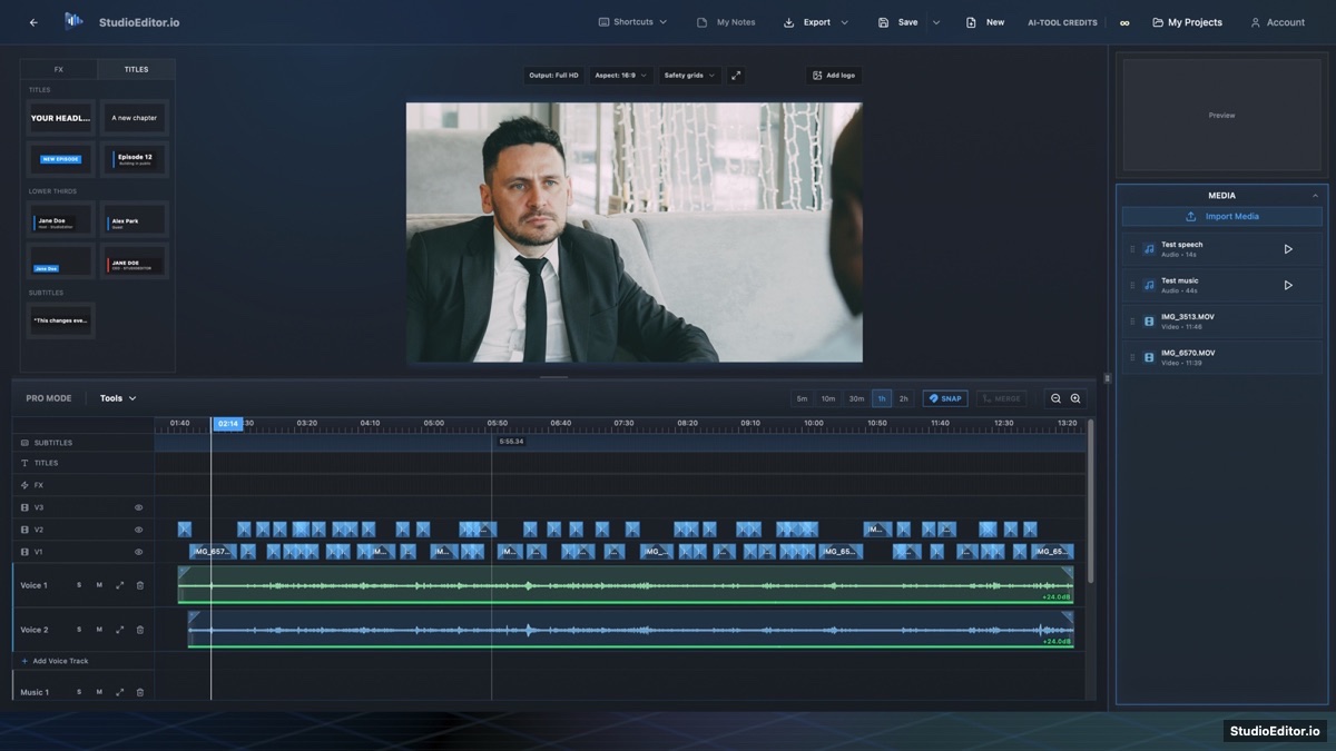 StudioEditor Video Podcast Editor preview with a centered interview speaker and aspect-ratio controls